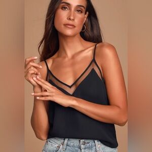 Lulus Black Sheer Mesh Trim Cami Top XS Flowy Lightweight Adjustable Straps